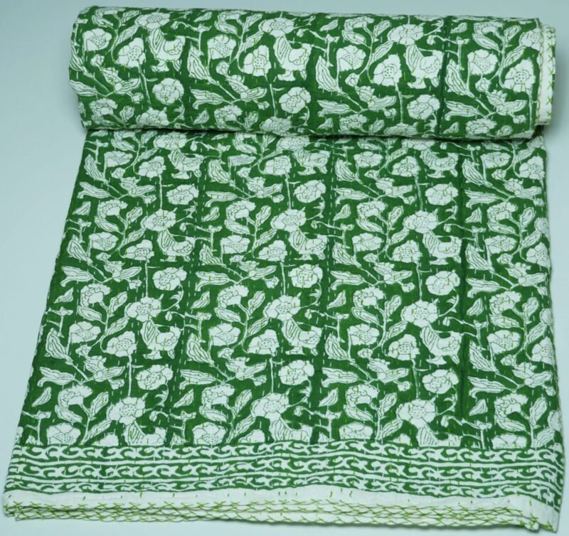 Green Floral Block Print Kantha Quilt Handmade Cotton Boho Bedspread