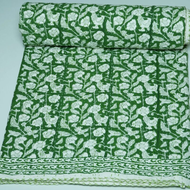 Green Floral Block Print Kantha Quilt Handmade Cotton Boho Bedspread