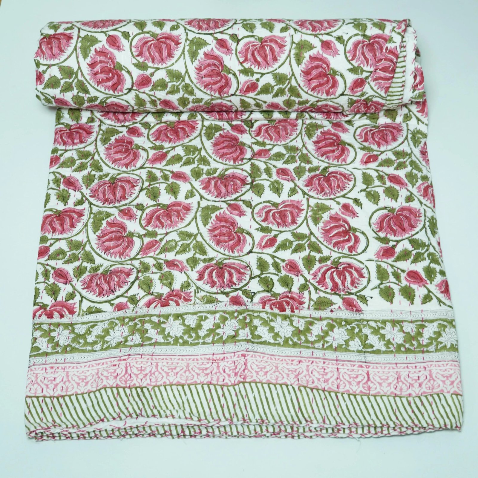 Handmade Pink Floral Block Print Kantha Quilt in Pure Cotton