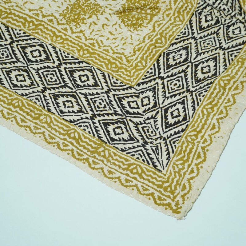 yellow Floral Kantha Quilt – Handmade Cotton Block Print omradecor
