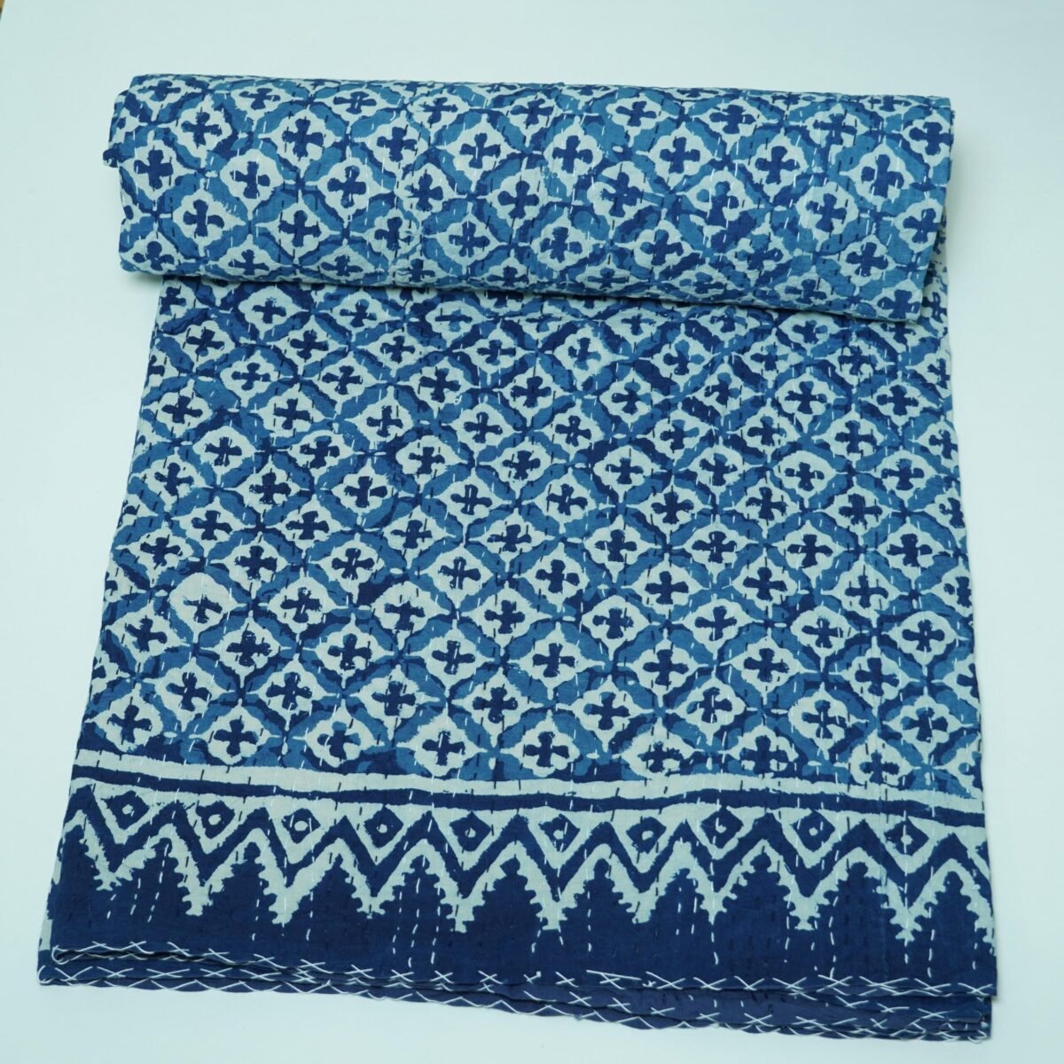 Handmade Indigo Block Print Kantha Quilt in Pure Cotton for Bedroom