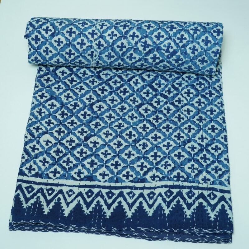 Handmade Indigo Block Print Kantha Quilt in Pure Cotton for Bedroom