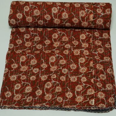 Rust Red Floral Kantha Quilt – Handmade Cotton Block Print