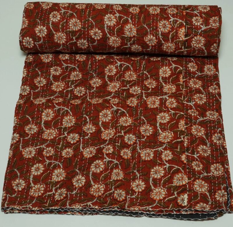 Rust Red Floral Kantha Quilt – Handmade Cotton Block Print