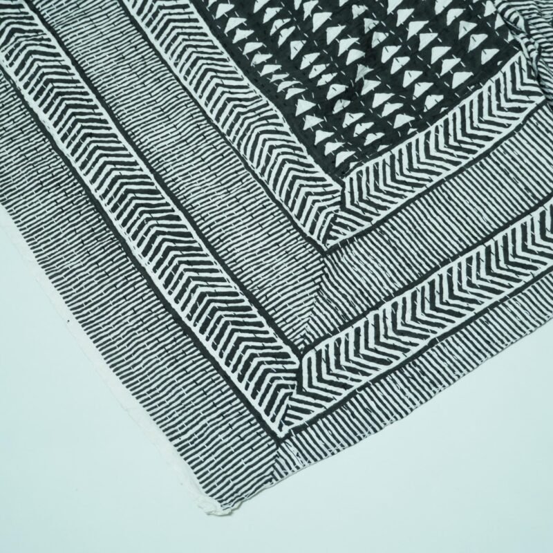 Black and white handmade Kantha quilt with geometric block print, pure cotton lightweight Indian bedding