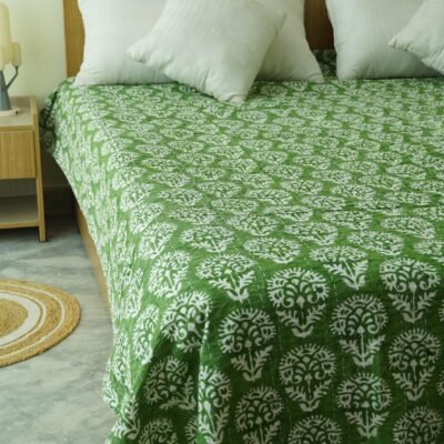 Green Floral Block Print Indian Pure Kantha Quilt