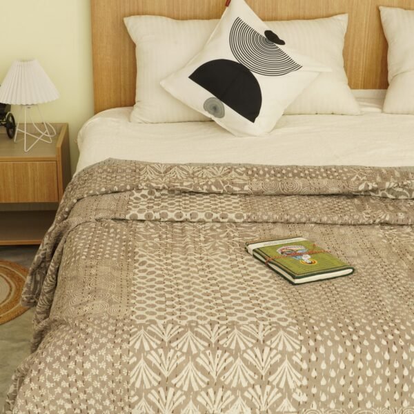 Grey Block Print Kantha Quilt Handmade Cotton Bedspread Throw Blanket Decor