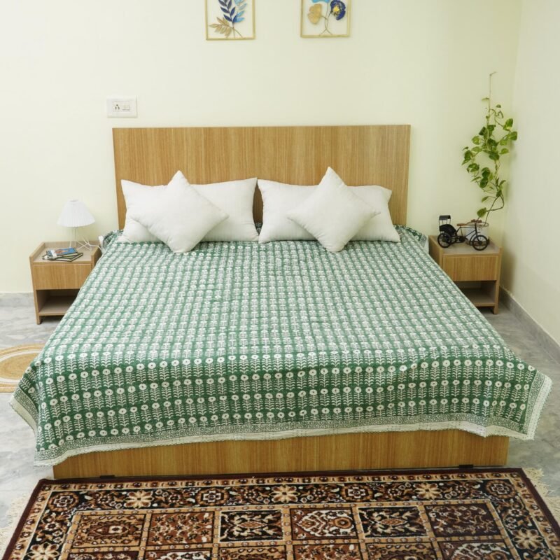 Green Block Print Kantha Quilt – Handmade Pure Cotton Reversible Bedspread omradecor