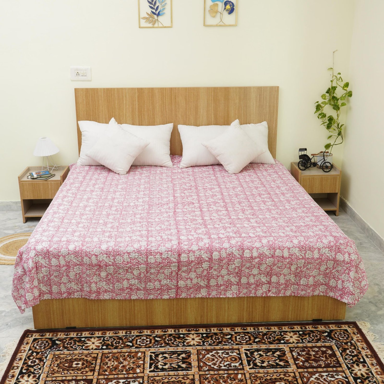 Pink Floral Block Print Pure Cotton Kantha Quilt 1 Pink floral block print Kantha quilt handmade from cotton with white floral pattern, lightweight Indian handcrafted bedspread