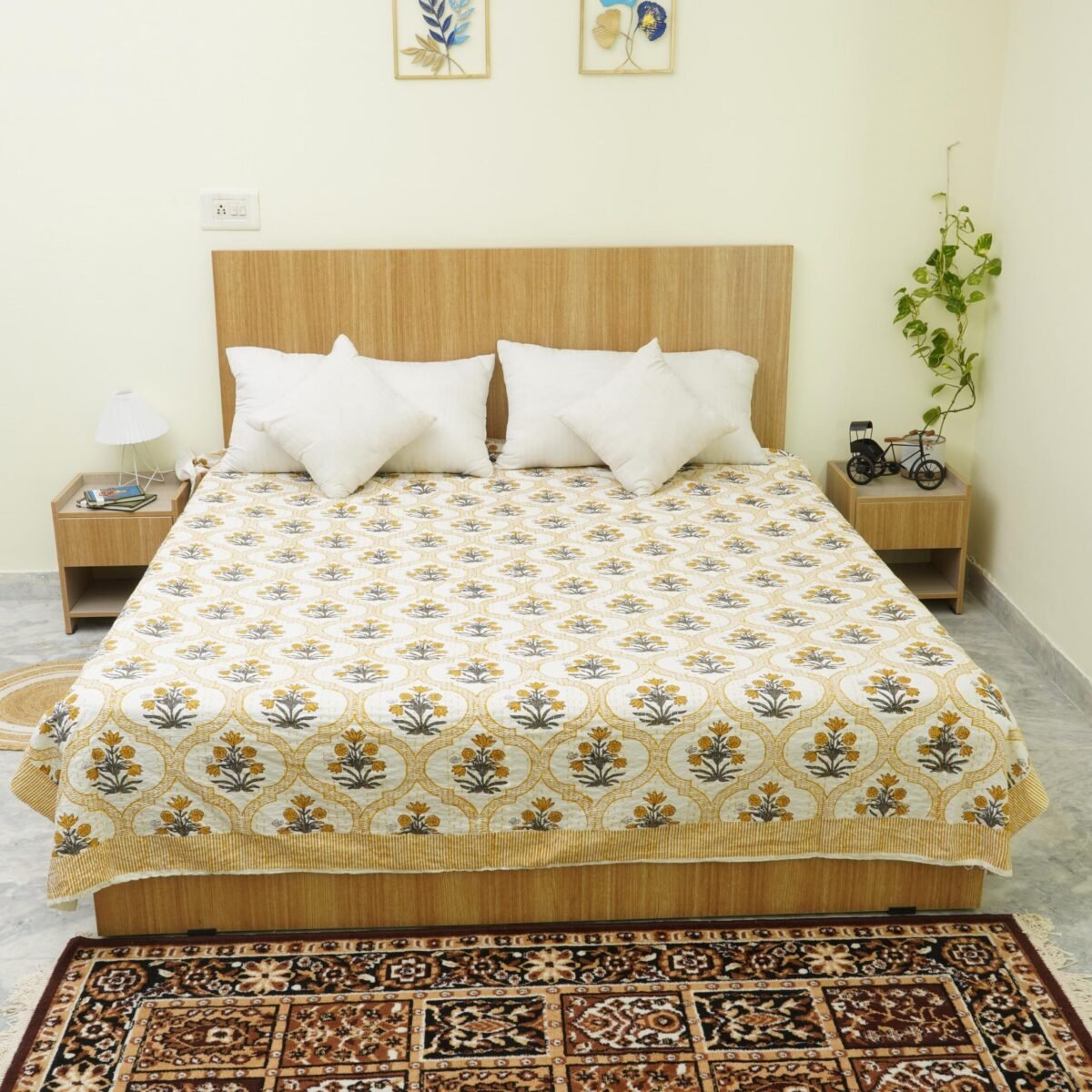 Hand Block Printed Kantha Stitch Cotton Quilt | Mustard Yellow Floral Design