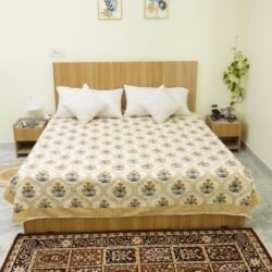Hand Block Printed Kantha Stitch Cotton Quilt | Mustard Yellow Floral Design