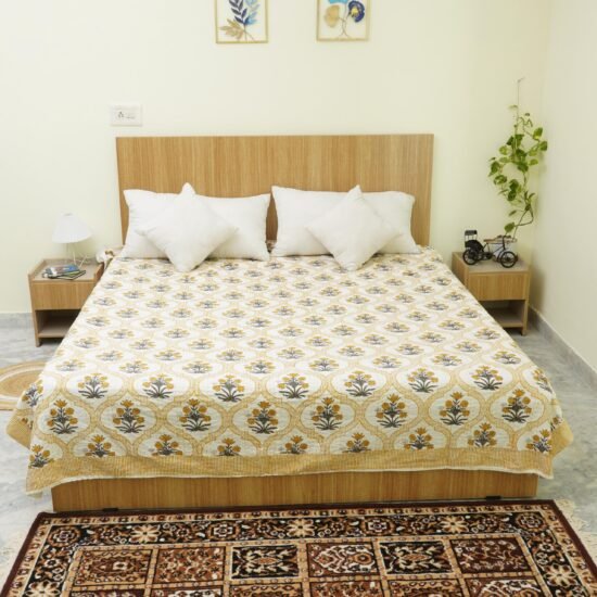 Hand Block Printed Kantha Stitch Cotton Quilt | Mustard Yellow Floral Design