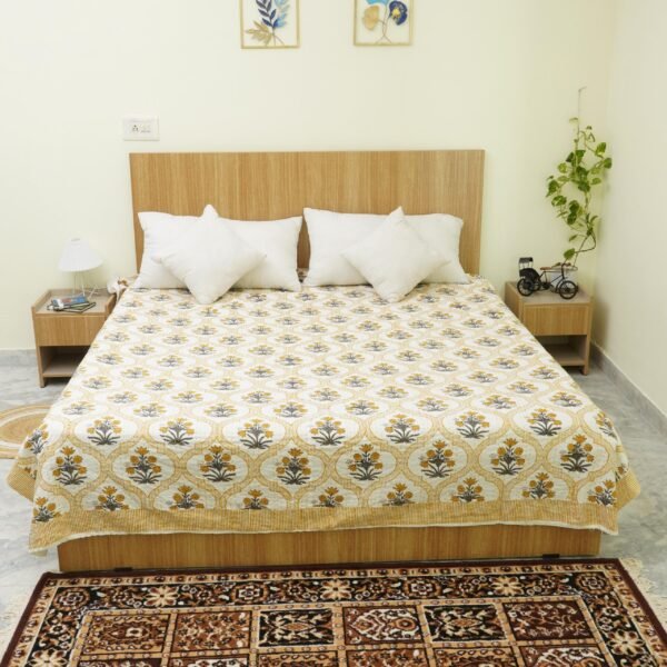 Hand Block Printed Kantha Stitch Cotton Quilt | Mustard Yellow Floral Design