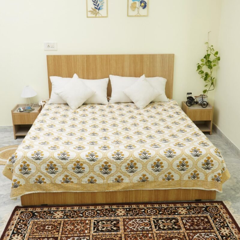 Hand Block Printed Kantha Stitch Cotton Quilt | Mustard Yellow Floral Design