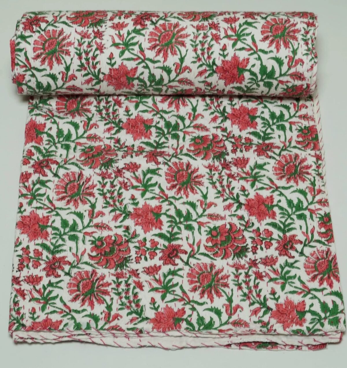 White Floral Block Print Kantha Quilt – Handmade Pure Cotton Bedspread