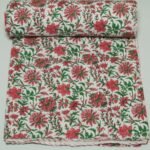 White Floral Block Print Kantha Quilt – Handmade Pure Cotton Bedspread