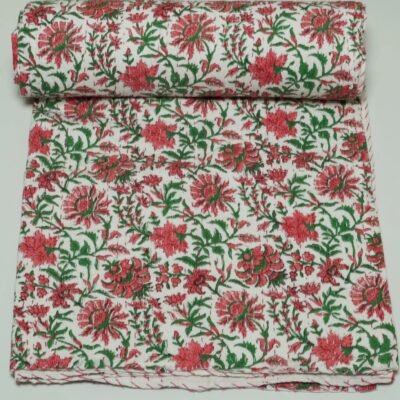 White Floral Block Print Kantha Quilt – Handmade Pure Cotton Bedspread