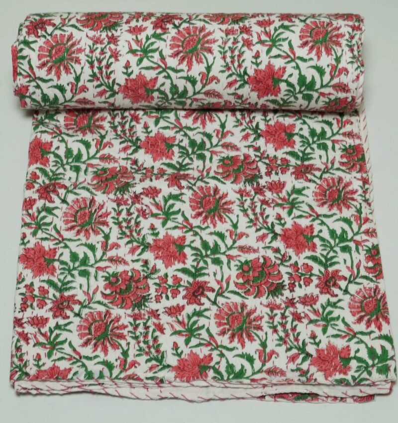 White Floral Block Print Kantha Quilt – Handmade Pure Cotton Bedspread