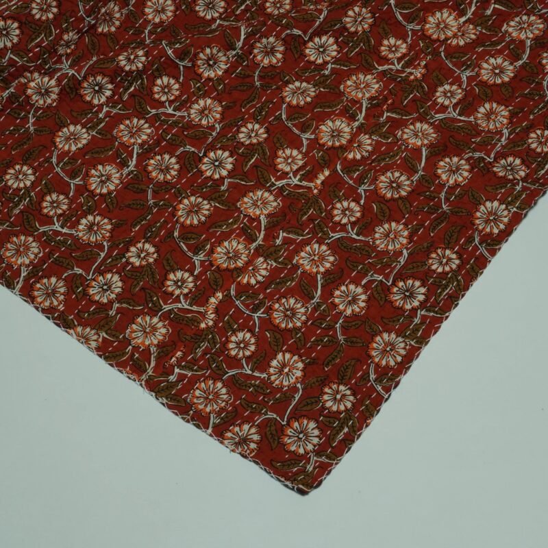Rust Red Floral Kantha Quilt – Handmade Cotton Block Print omradecor