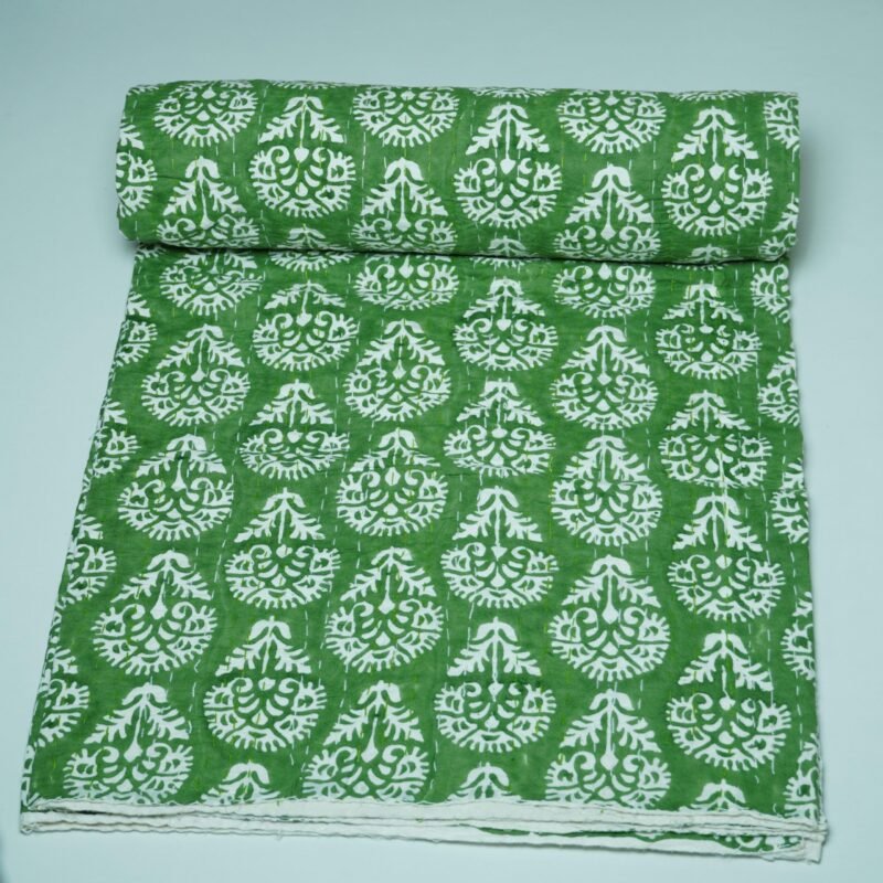 Green Floral Block Print Kantha Quilt | Handmade Indian Cotton Bedspread
