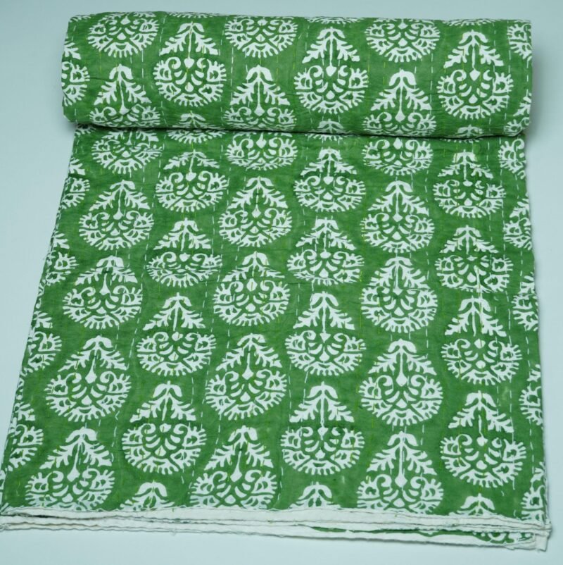 Green Floral Block Print Kantha Quilt | Handmade Indian Cotton Bedspread