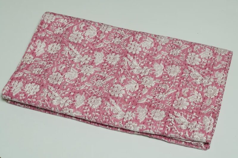 Pink Floral Block Print Kantha Quilt – Handmade Cotton Bedspread omradecor