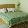 Green floral block print kantha quilt with white flower motifs, hand stitched cotton quilt, handmade Indian boho bedspread