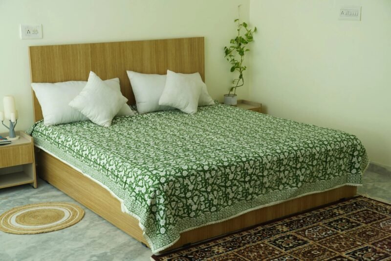 Green floral block print kantha quilt with white flower motifs, hand stitched cotton quilt, handmade Indian boho bedspread