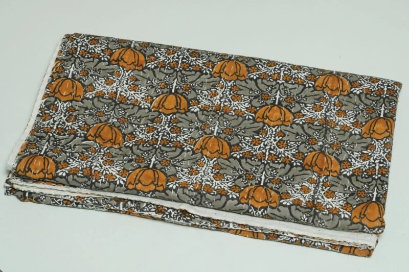 Olive floral block print kantha quilt with rust orange flowers, hand stitched cotton quilt, handmade Indian boho bedspread