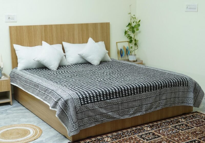 Black and white handmade Kantha quilt with geometric block print, pure cotton lightweight Indian bedding