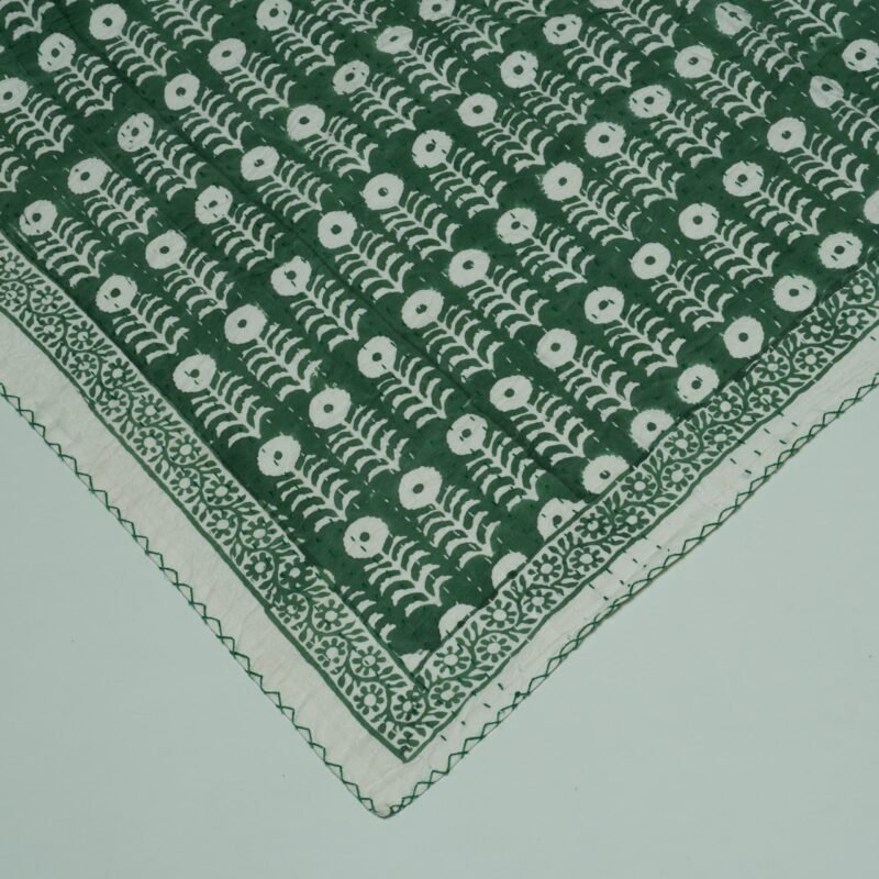 Green Block Print Kantha Quilt – Handmade Pure Cotton Reversible Bedspread omradecor