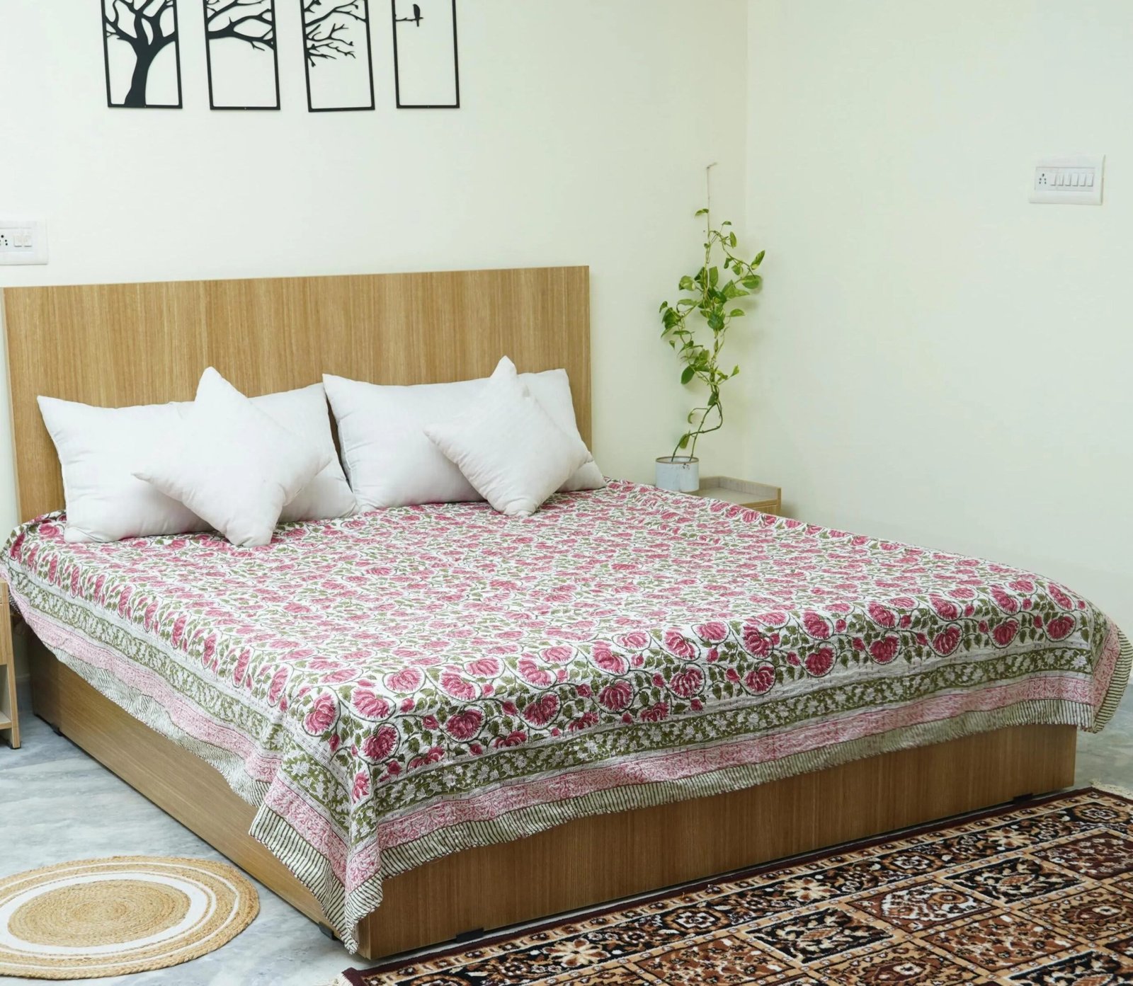 Handmade Pink Floral Block Print Kantha Quilt in Pure Cotton 1 Handmade Pink Floral Block Print Kantha Quilt in Pure Cotton