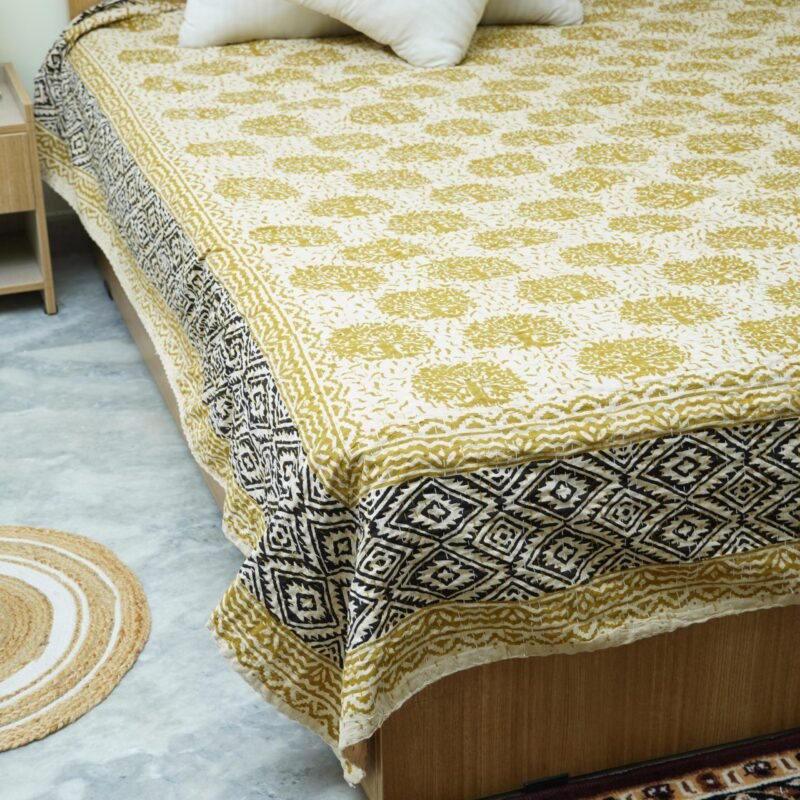 yellow Floral Kantha Quilt – Handmade Cotton Block Print omradecor