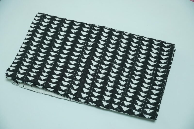 Black and white handmade Kantha quilt with geometric block print, pure cotton lightweight Indian bedding