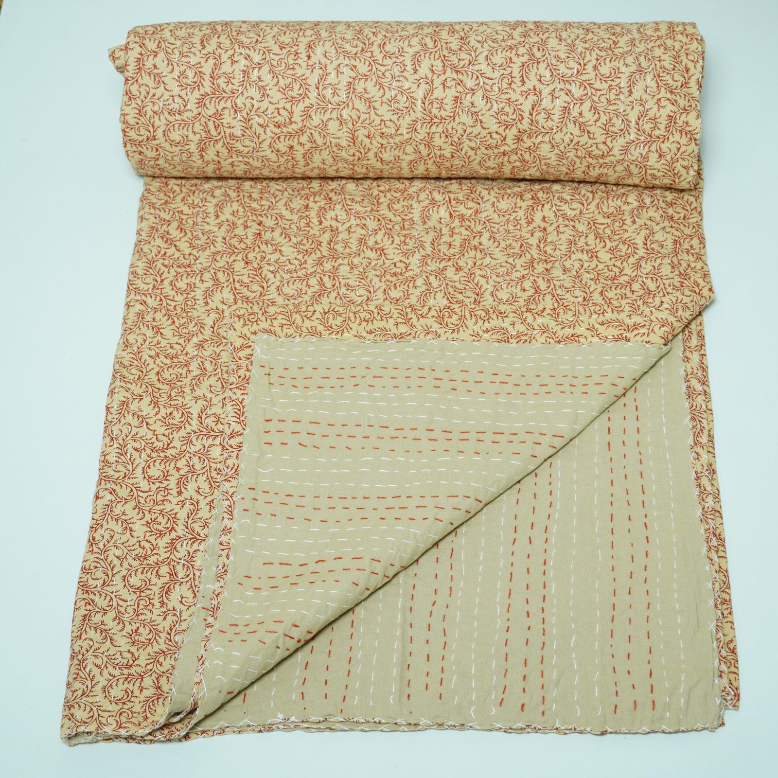 Red Block Print Kantha Quilt Handmade Cotton Floral