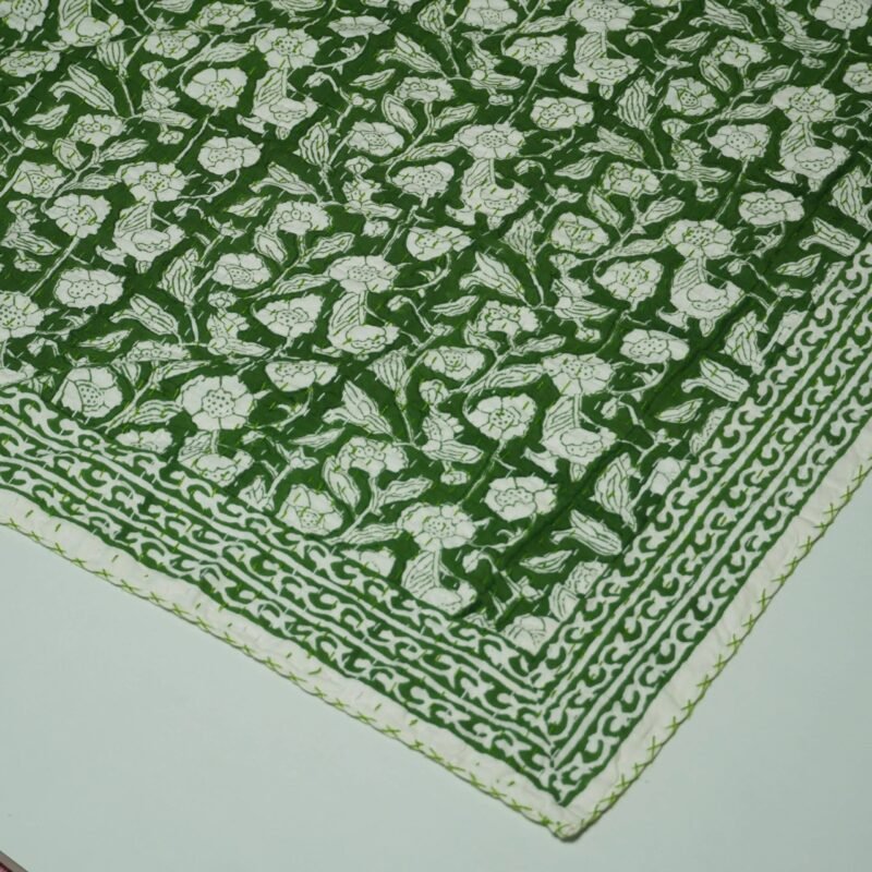 Green floral block print kantha quilt with white flower motifs, hand stitched cotton quilt, handmade Indian boho bedspread