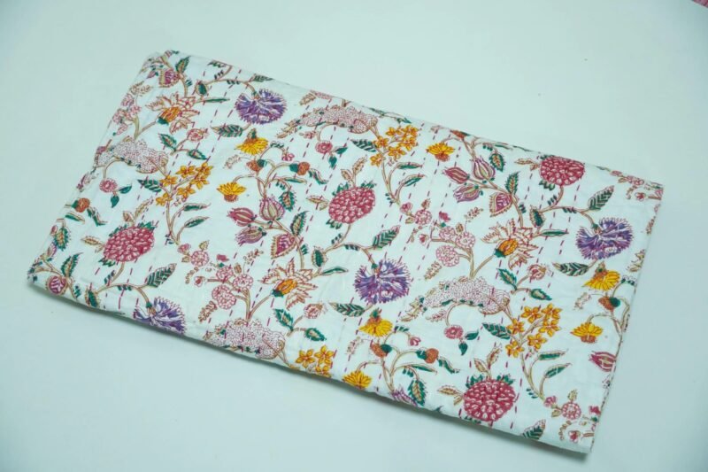 White floral block print kantha quilt with multicolor flowers, hand stitched cotton bedspread, lightweight handmade Indian boho quilt