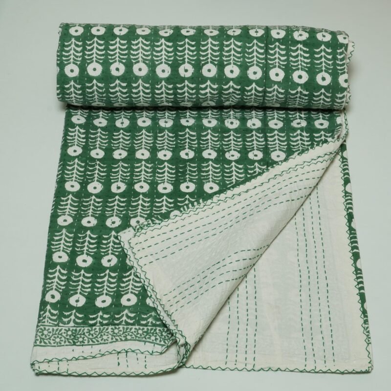 Green Block Print Kantha Quilt – Handmade Pure Cotton Reversible Bedspread omradecor