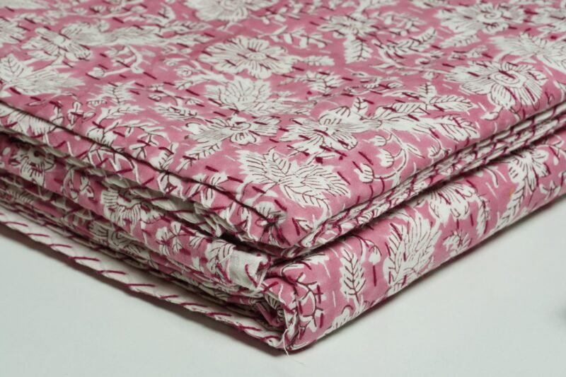 Pink Floral Block Print Kantha Quilt – Handmade Cotton Bedspread omradecor