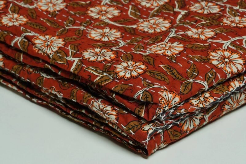 Rust Red Floral Kantha Quilt – Handmade Cotton Block Print omradecor