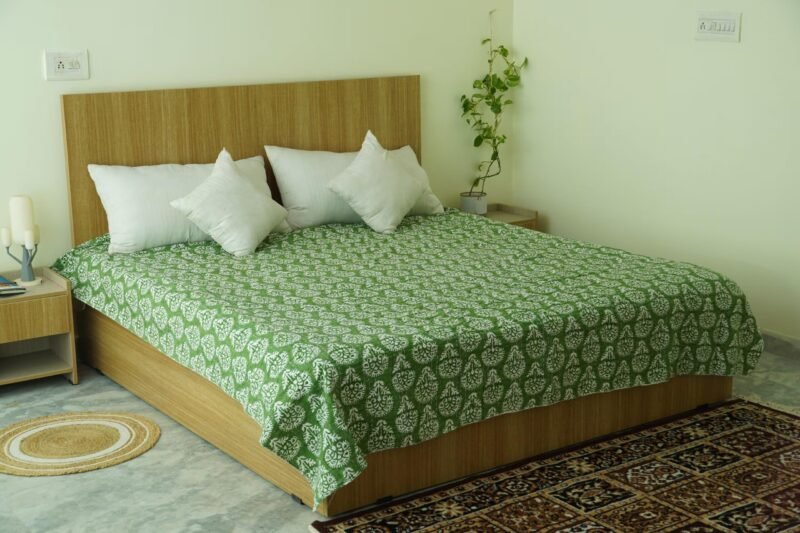 Green Floral Block Print Kantha Quilt | Handmade Indian Cotton Bedspread