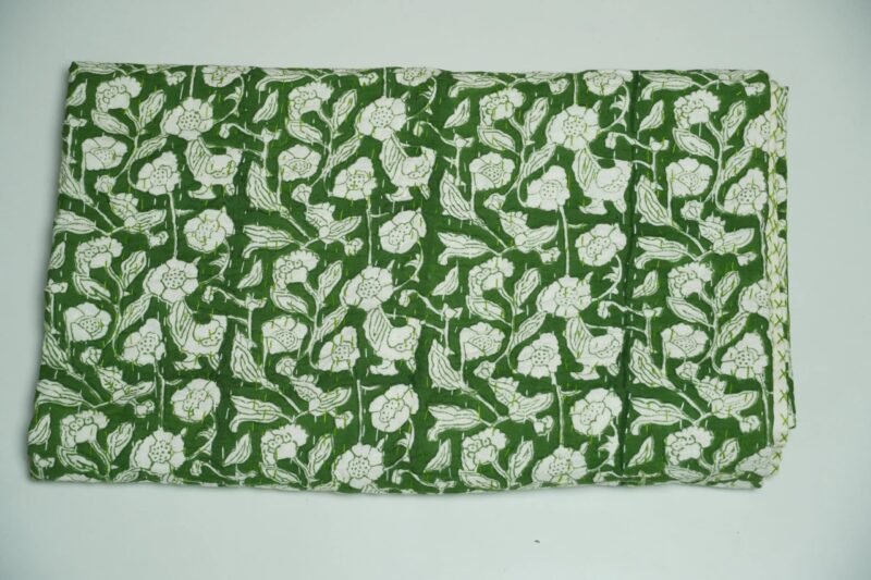 Green floral block print kantha quilt with white flower motifs, hand stitched cotton quilt, handmade Indian boho bedspread
