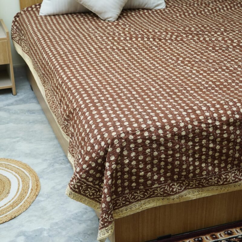 Brown Floral Block Print Kantha Fabric – Pure cotton