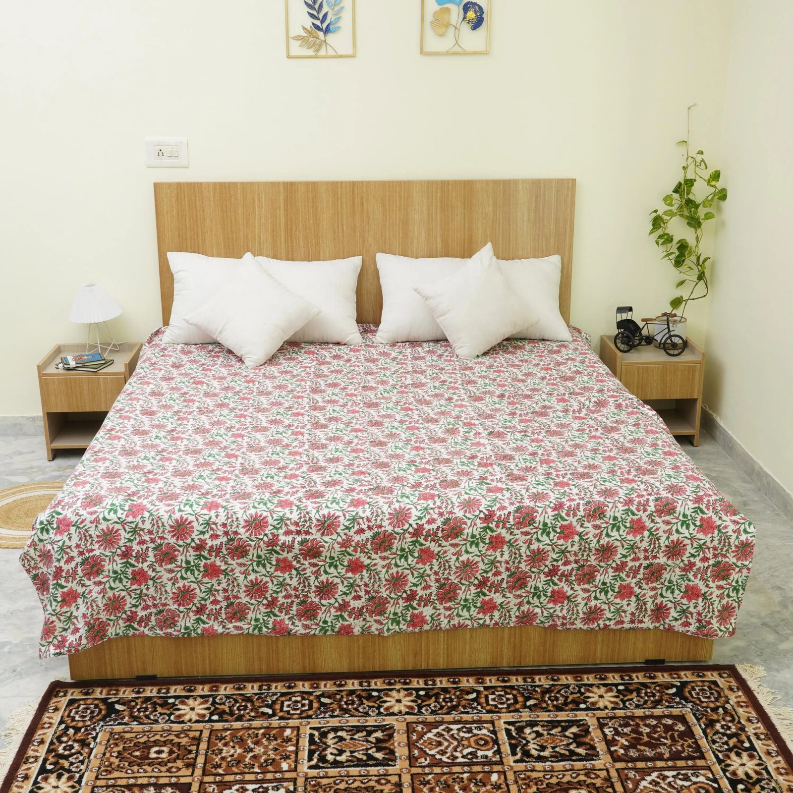 Luxury White Floral Block Print Kantha Quilt – Handmade Pure Cotton Bedspread