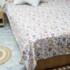 White floral block print kantha quilt with multicolor flowers, hand stitched cotton bedspread, lightweight handmade Indian boho quilt