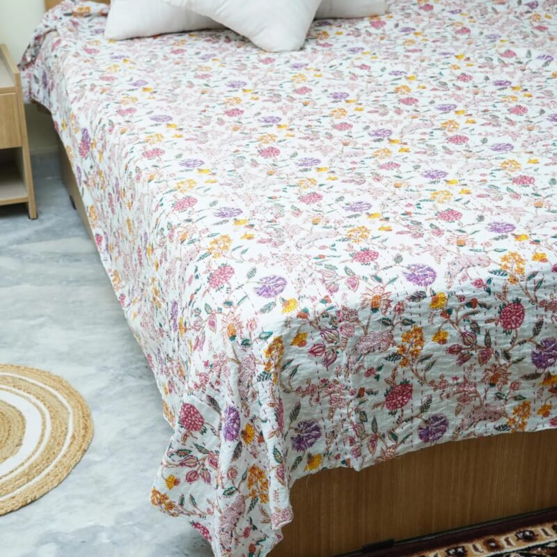 White floral block print kantha quilt with multicolor flowers, hand stitched cotton bedspread, lightweight handmade Indian boho quilt