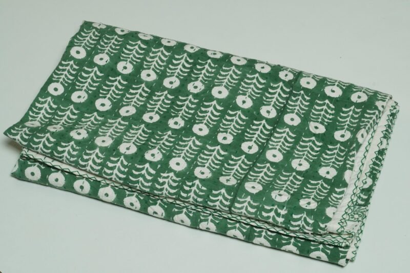 Green Block Print Kantha Quilt – Handmade Pure Cotton Reversible Bedspread omradecor
