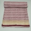 Maroon geometric block print Kantha quilt with mustard border, handmade cotton bedspread from Jaipur.