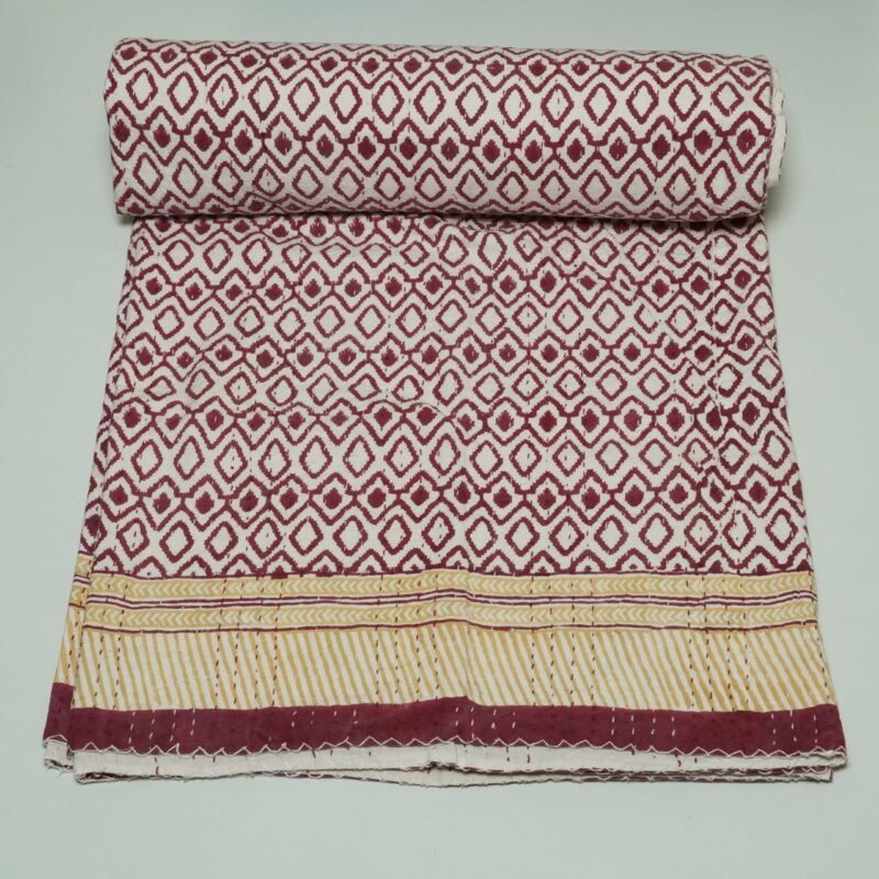 Maroon geometric block print Kantha quilt with mustard border, handmade cotton bedspread from Jaipur.
