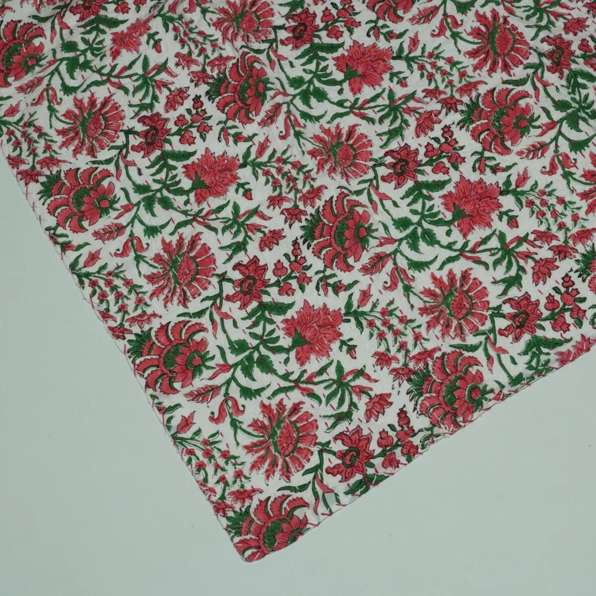 : Luxury White Floral Block Print Kantha Quilt – Handmade Pure Cotton Bedspread omradecor